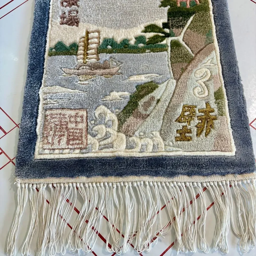 Vintage Chinese Silk Wall Hanging Rug Water and Boat Landscape Fringed Tassels